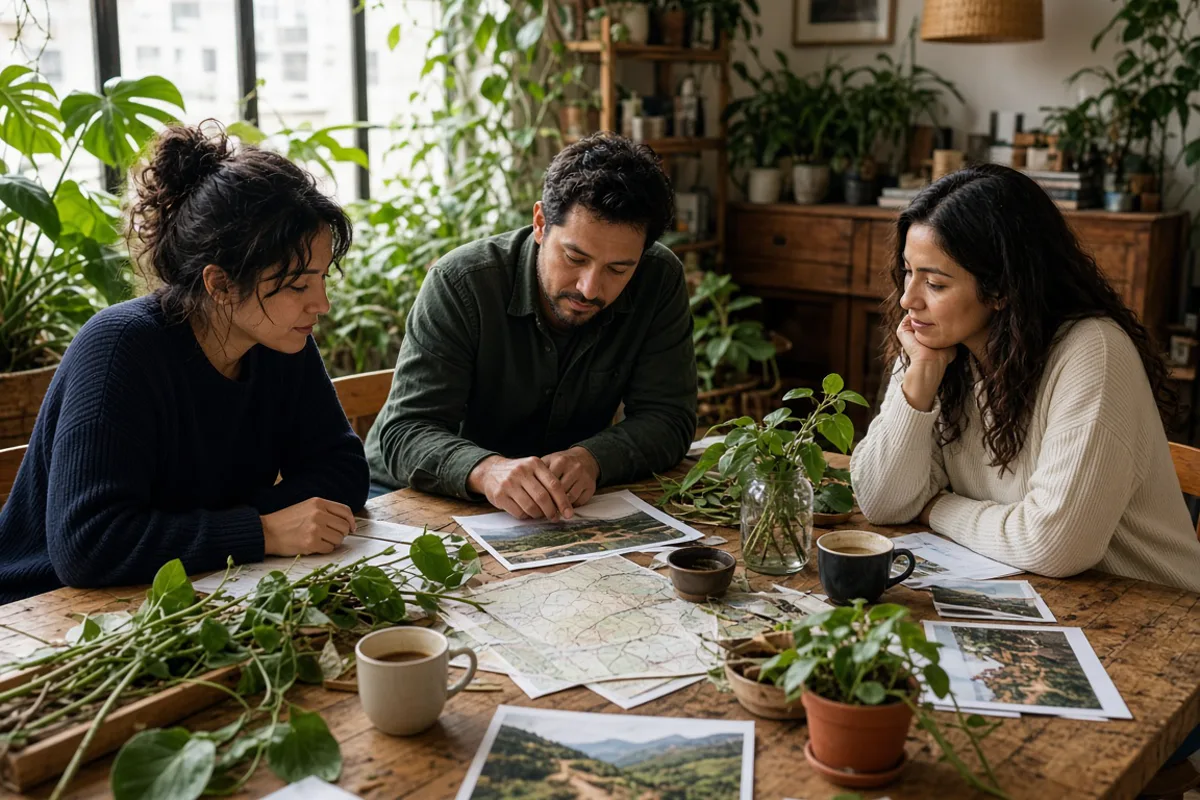 Equipo editorial de PPH trabajando con mapas y fotos