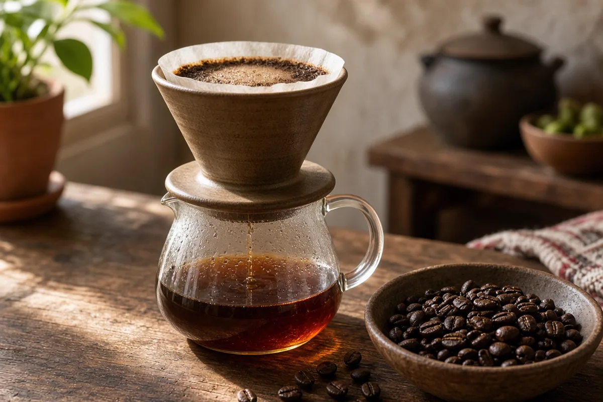 Taza de café con espuma sobre mesa de madera