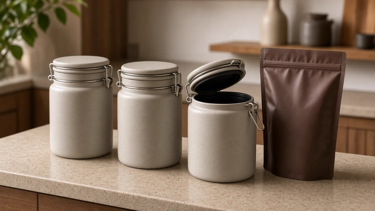 Granos de café en recipiente de almacenamiento