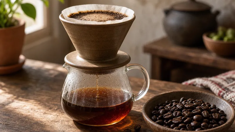 Taza de café recién preparado sobre mesa de madera