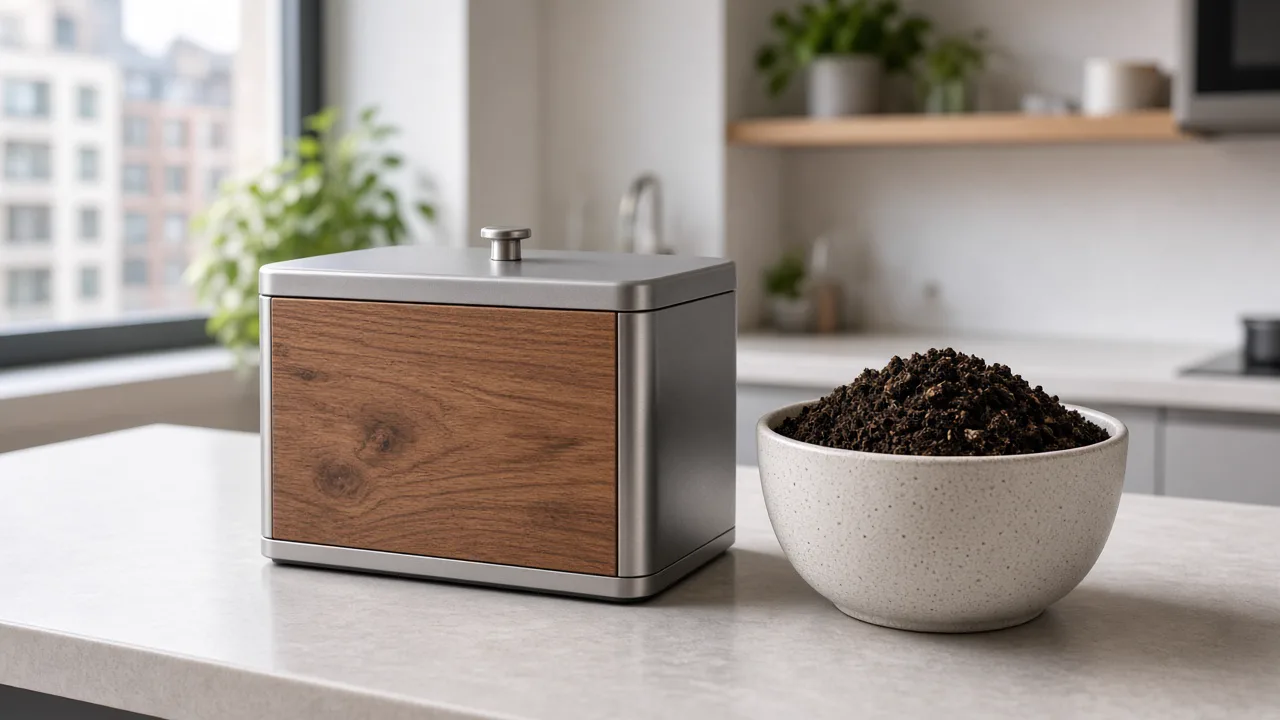 Contenedor de compostaje con restos orgánicos