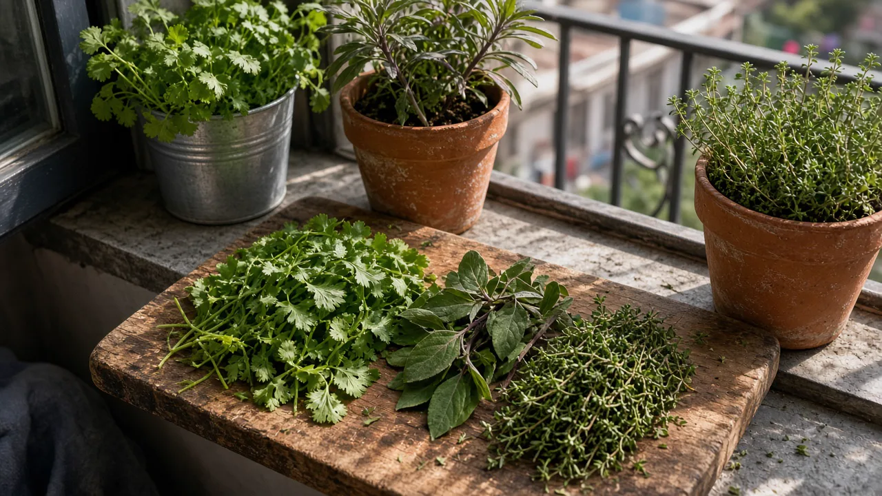 Maceta con hierbas aromáticas en un balcón soleado