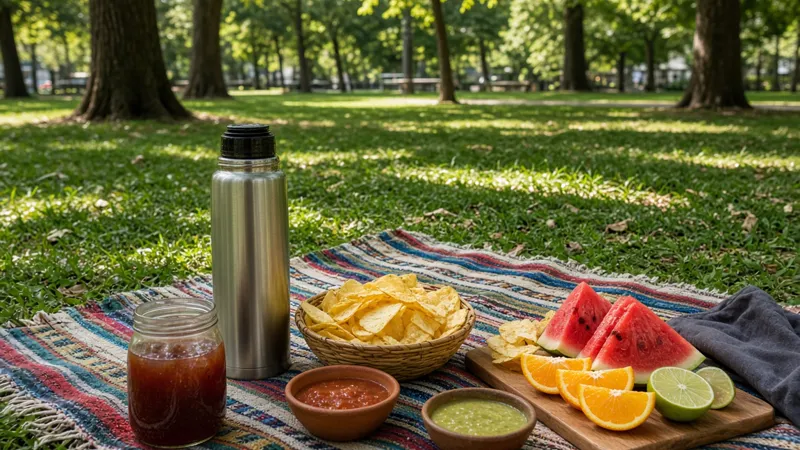 Comida de picnic sobre mantel al aire libre