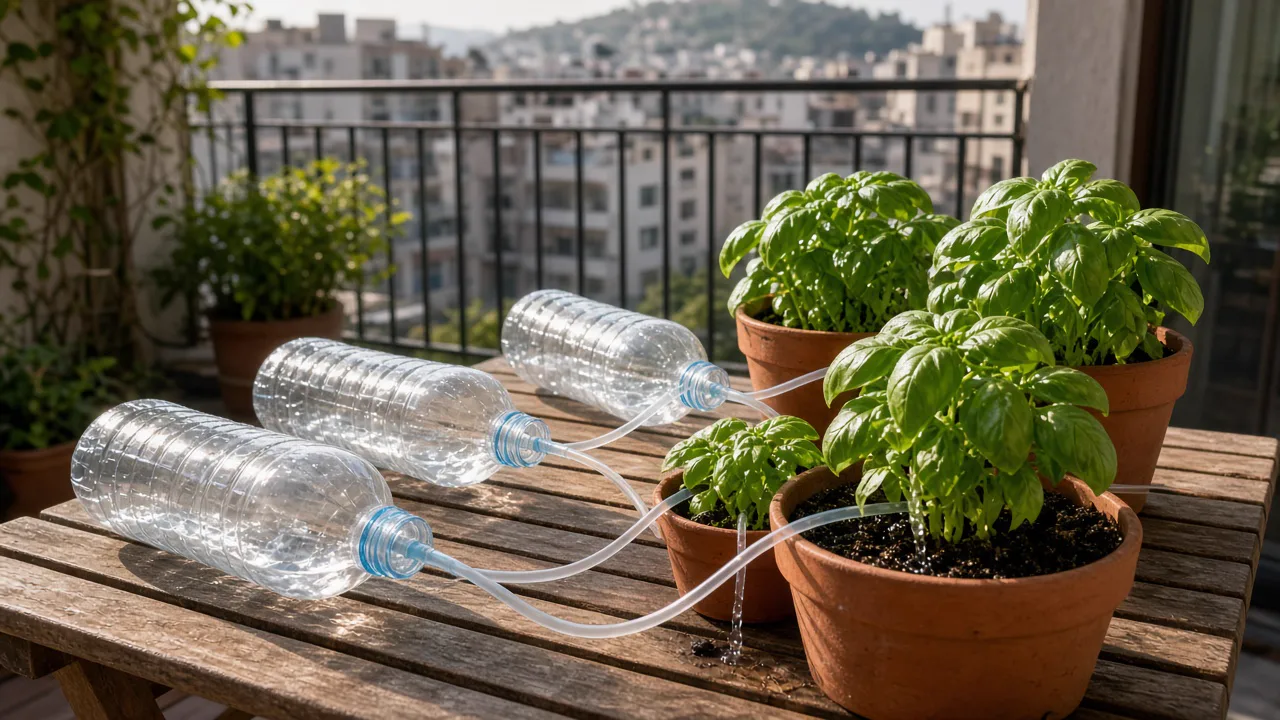 Plantas recibiendo riego en un huerto urbano