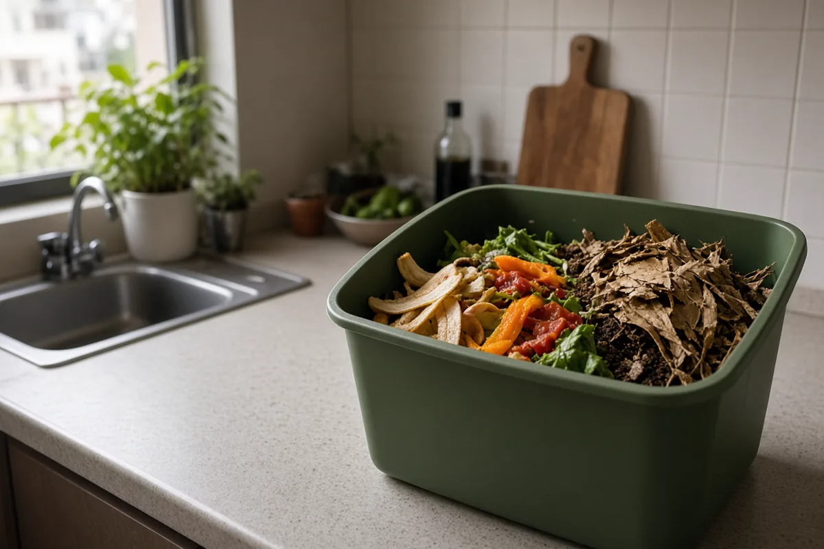 Contenedor de compostaje con restos orgánicos
