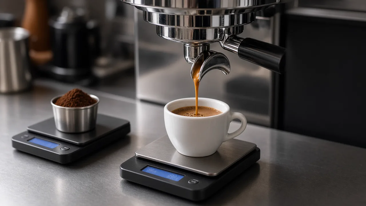 Portafiltro, pastilla de café y báscula de dosificación para espresso