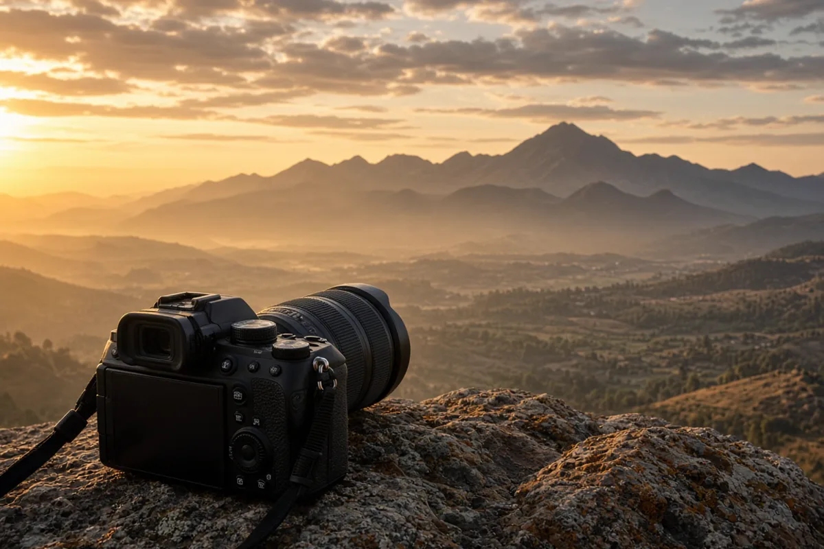Cámara fotográfica lista para un paisaje