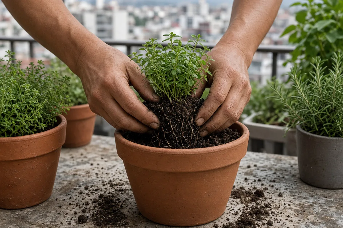 Manos preparando tierra y plantas en macetas