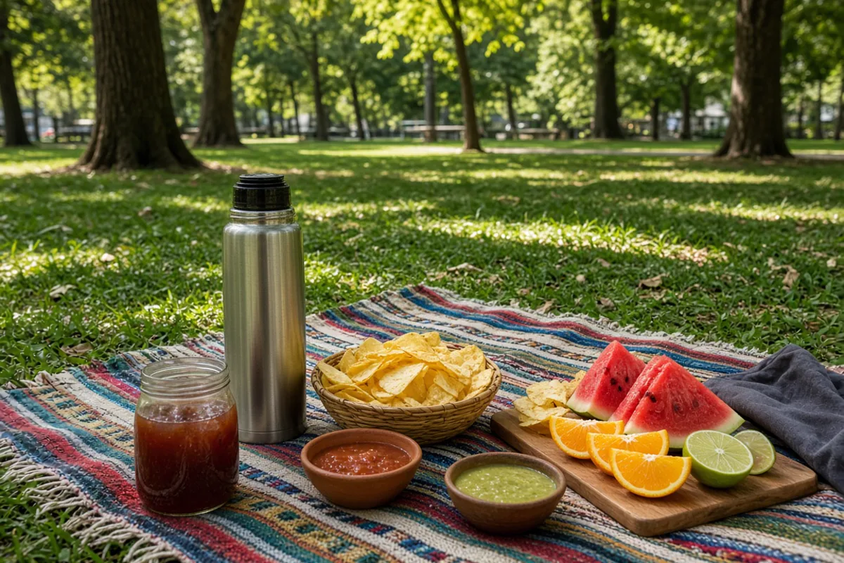 Comida de picnic sobre mantel al aire libre