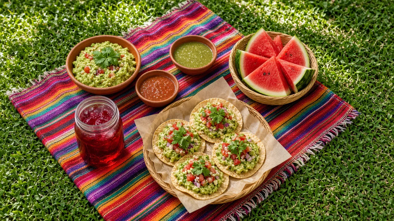 Picnic visto desde arriba con comida ligera estilo mexicano sobre mantel en el parque