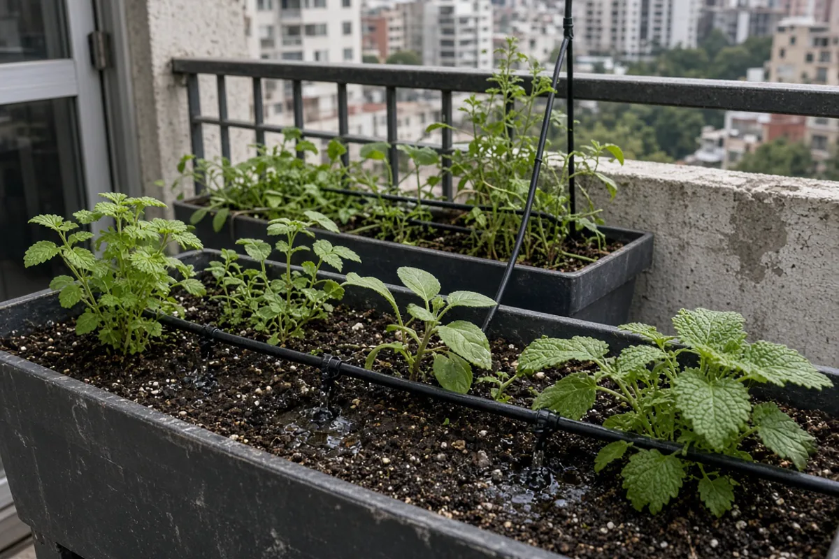 Plantas recibiendo riego en un huerto urbano