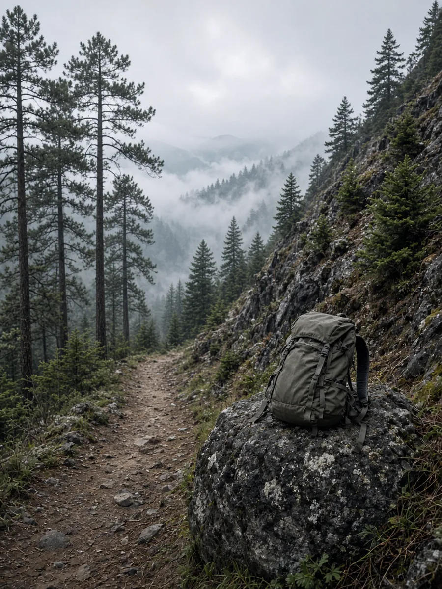 Caminante en un sendero de montaña con mochila ligera